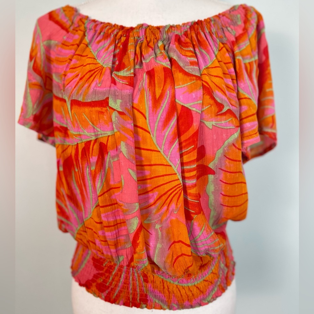 Women’s Off-Shoulder Tropical Print Top in Pink & Orange